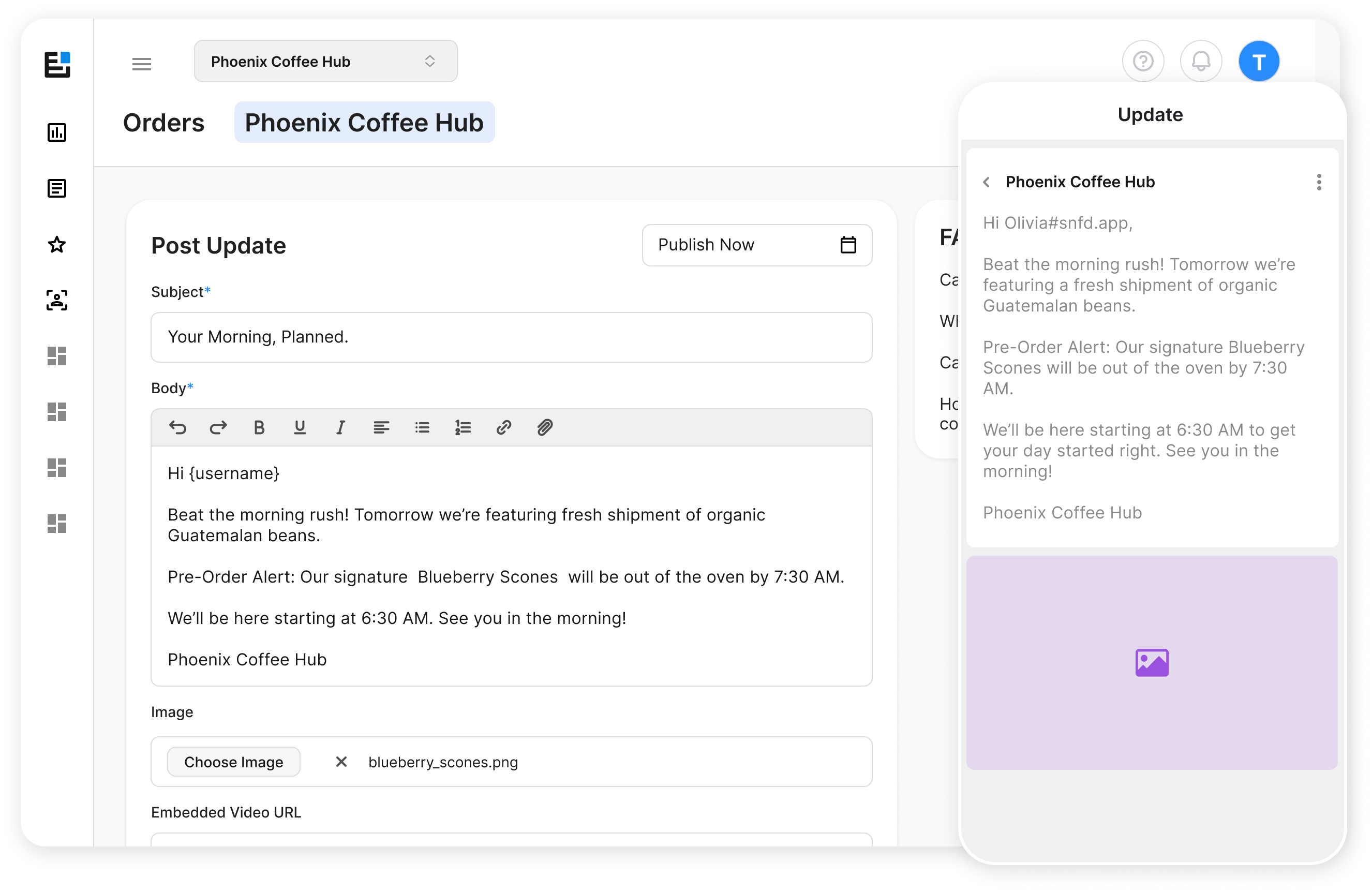 SimplyNotified update composer showing scheduling and formatting tools