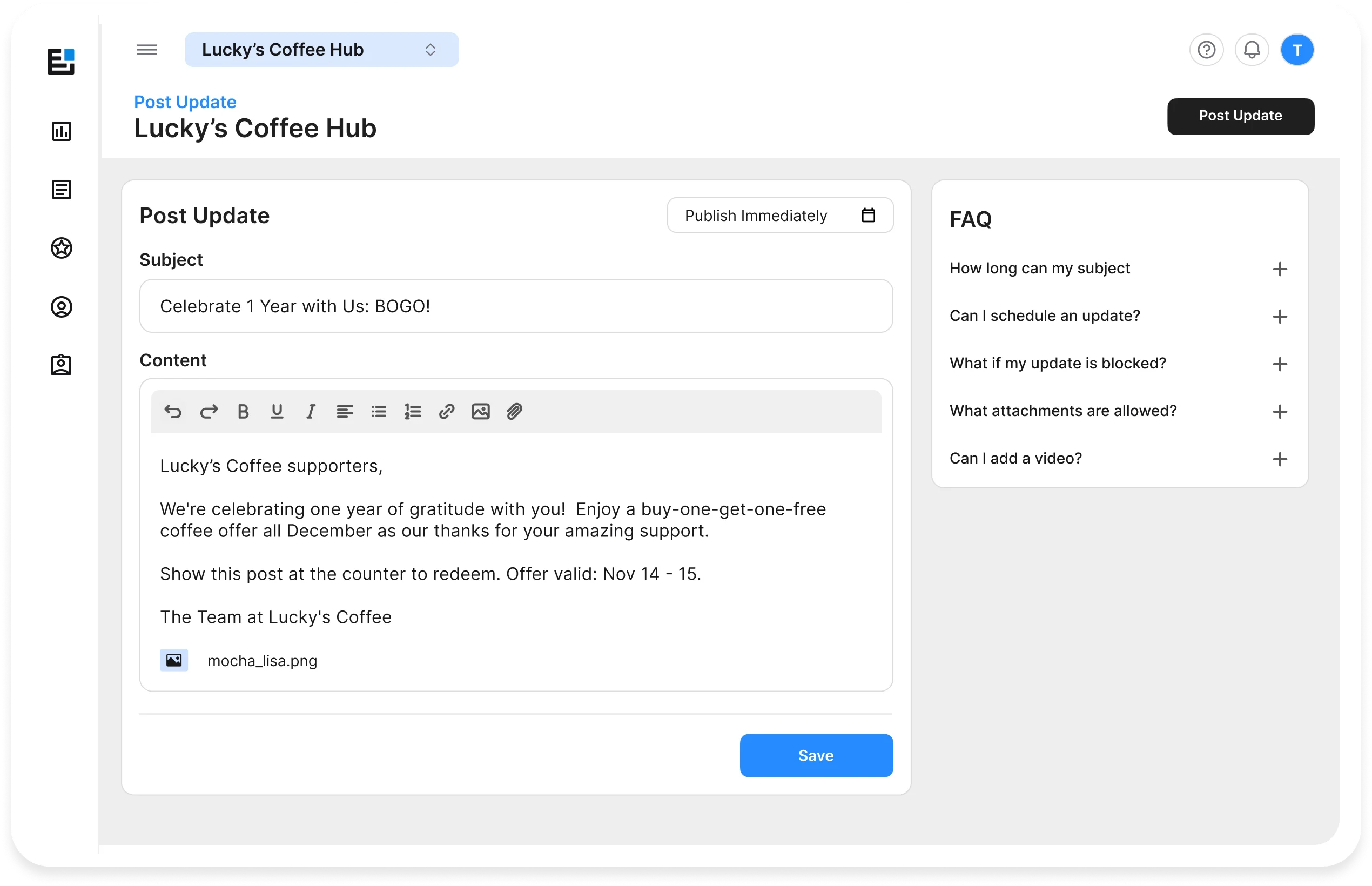 SimplyNotified update composer showing scheduling and formatting tools